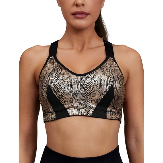 Wingslove Women's High Impact Racerback Bra Wireless Full Coverage Push Up Sports Bra Cross Back Adjustable Exercise BraGold Black 36DD
