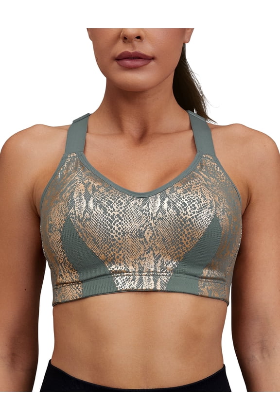 Women's High Impact Racerback Bra Wireless Full Coverage Push Up Sports Bra Cross Back Adjustable Exercise BraMoss Green 42B