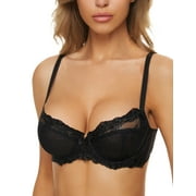 Wingslove Womens Push Up Bra Sexy Lace Balconette Plus Size Full Cup Unpadded Underwire See Through Bra,Black 36H