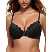 Wingslove Womens Push Up Sexy Lace Padded Plunge Underwire Lift Up Bras Add 1 Cup Boost Brassiere,Black 36DD