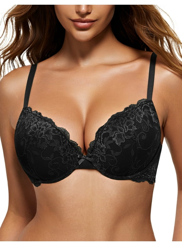 Women's Push Up Sexy Lace Padded Plunge Underwire Lift Up Bras Add 1 Cup Boost Brassiere,Black 38DDD