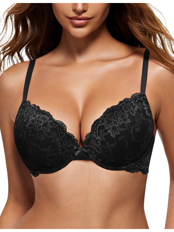 Women's Push Up Sexy Lace Padded Plunge Underwire Lift Up Bras Add 1 Cup Boost Brassiere,Black 38DDD