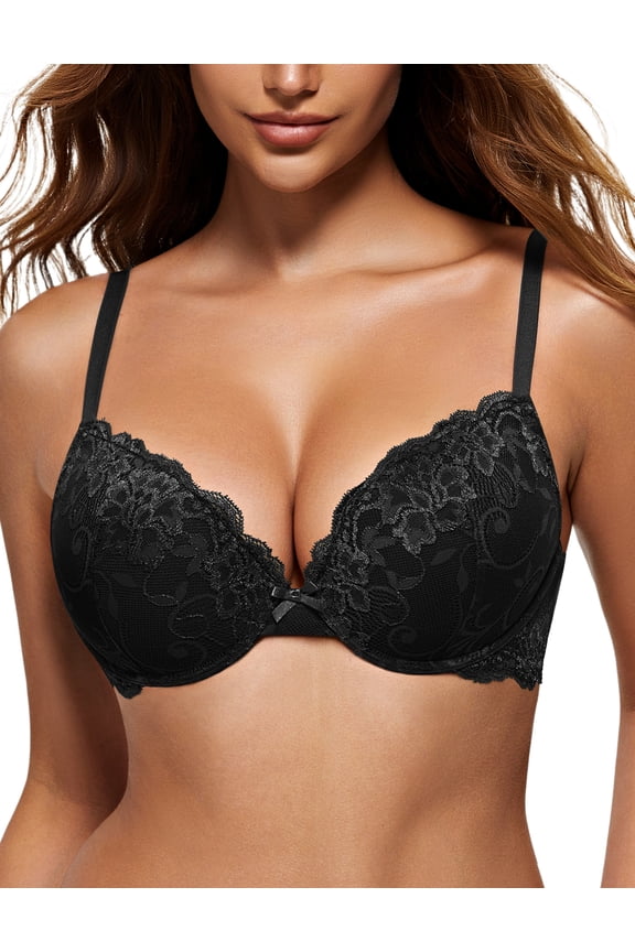 Women's Push Up Sexy Lace Padded Plunge Underwire Lift Up Bras Add 1 Cup Boost Brassiere,Black 38DD