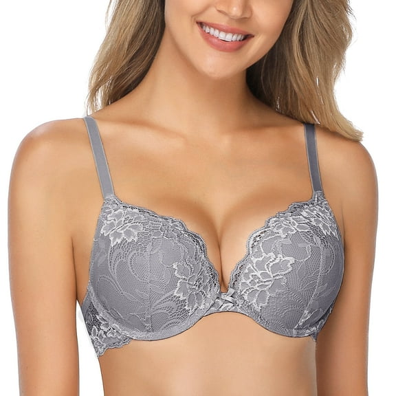 Wingslove Women's Push Up Sexy Lace Padded Plunge Underwire Lift Up Bras Add 1 Cup Boost Brassiere,Gray 34B