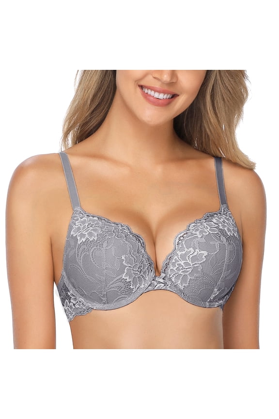 Women's Push Up Sexy Lace Padded Plunge Underwire Lift Up Bras Add 1 Cup Boost Brassiere,Gray 34DD