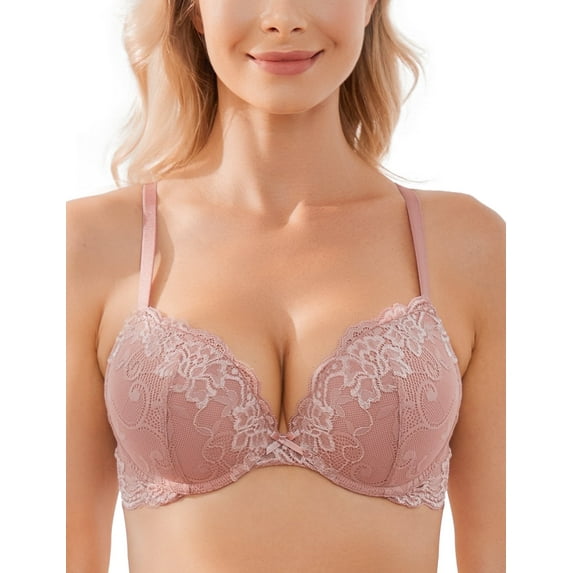 Wingslove Women's Push Up Sexy Lace Padded Plunge Underwire Lift Up Bras Add 1 Cup Boost Brassiere,Rose Pink Brown 38DDD
