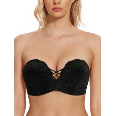 Wingslove Women's Push Up Strapless Bras Wireless Lace Plus Size Underwire Bra for Party,Black 38B