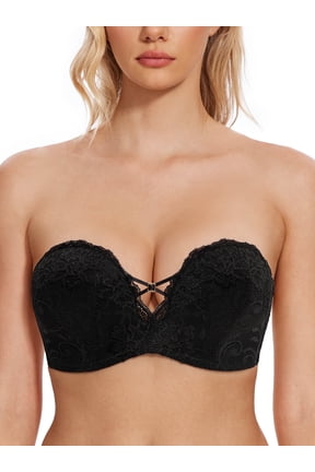 Women's Push Up Strapless Bras Wireless Lace Plus Size Underwire Bra for Party,Black 38B