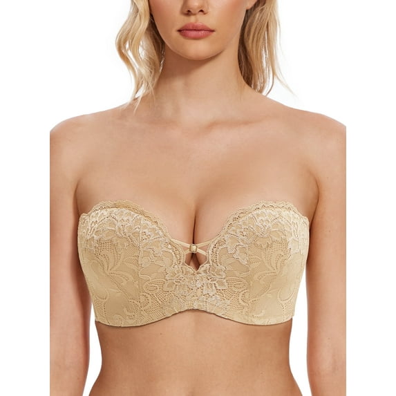 Wingslove Women's Push Up Strapless Bras Wireless Lace Plus Size Underwire Bra for Party,Nude 34B