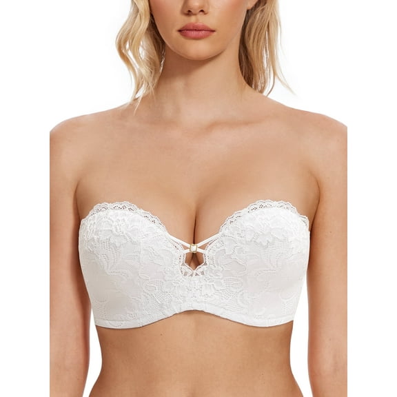 Wingslove Women's Push Up Strapless Bras Wireless Lace Plus Size Underwire Bra for Party,White 34C