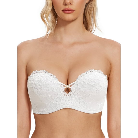 Wingslove Women's Push Up Strapless Bras Wireless Lace Plus Size Underwire Bra for Party,White 36D