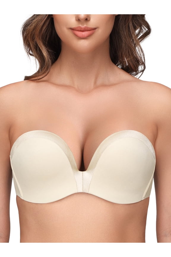 Women's Seamless Strapless Push Up Bra Full Figure Wirefree Multiway Convertible bra, Beige 36C