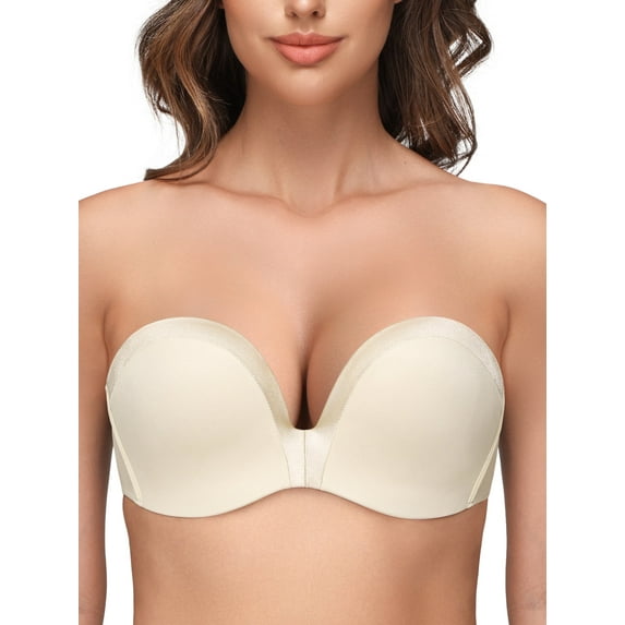 Wingslove Women's Seamless Strapless Push Up Bra Full Figure Wirefree Multiway Convertible bra, Beige 36D