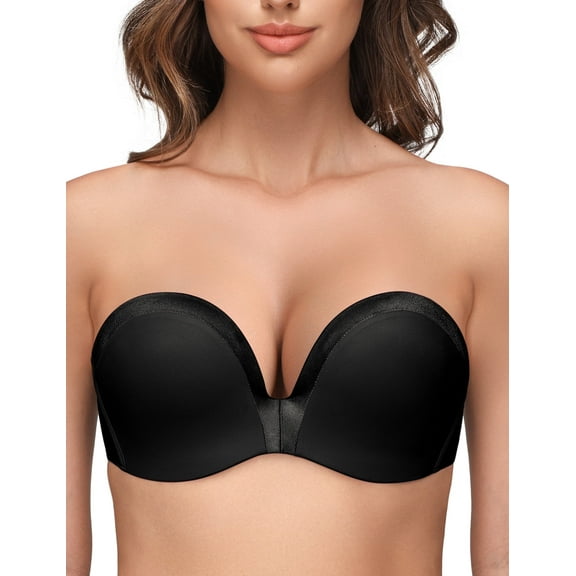Wingslove Women's Seamless Strapless Push Up Bra Full Figure Wirefree Multiway Convertible bra, Black 34B