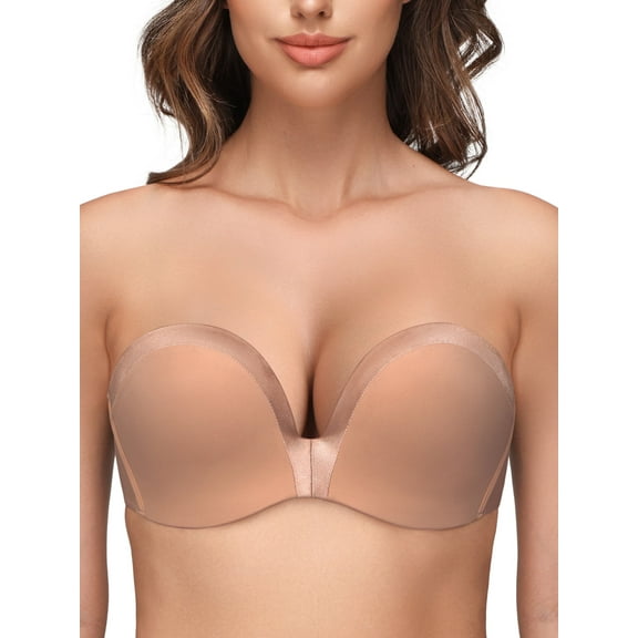 Wingslove Women's Seamless Strapless Push Up Bra Full Figure Wirefree Multiway Convertible bra, Milk Coffee 34C