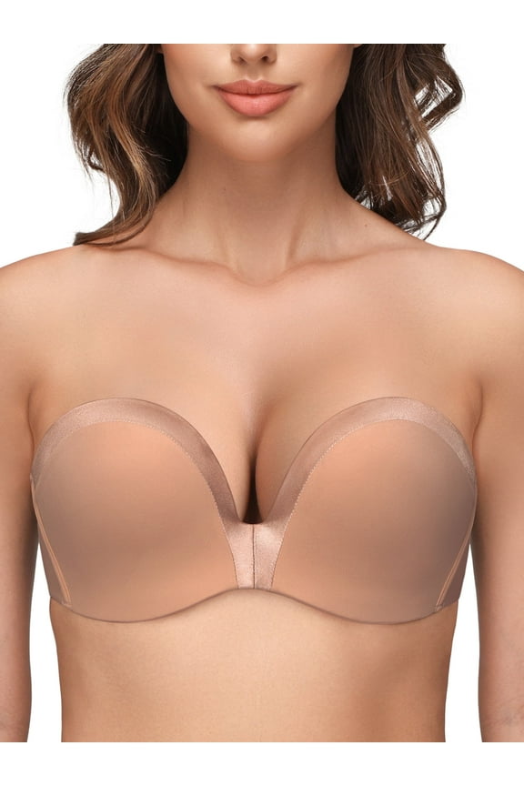 Women's Seamless Strapless Push Up Bra Full Figure Wirefree Multiway Convertible bra, Milk Coffee 34C