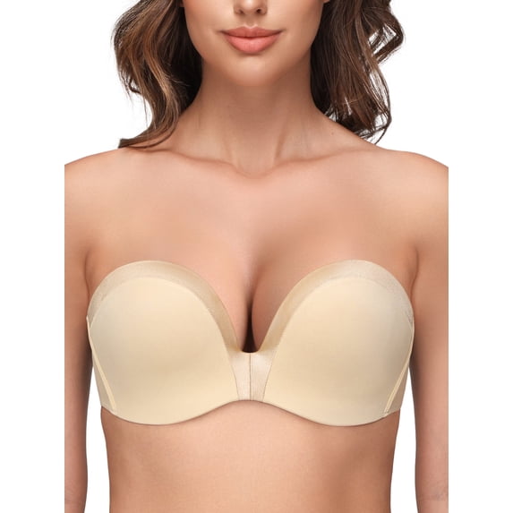 Wingslove Women's Seamless Strapless Push Up Bra Full Figure Wirefree Multiway Convertible bra, Nude 32D