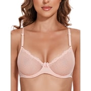 Wingslove Womens Sexy 1/2 Cup Lace Bra Balconette Mesh Underwired Demi Shelf Bra Unlined See Through Bralette,Pink Nude 36B