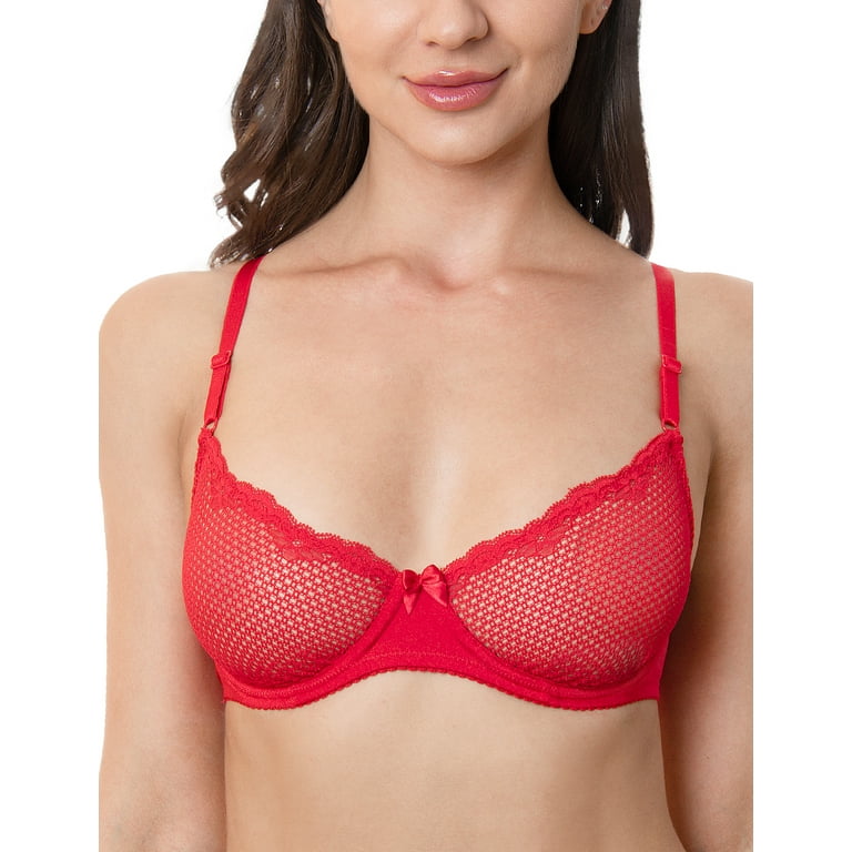 Wingslove Women's Sexy 1/2 Cup Lace Bra Balconette Mesh Underwired Demi  Shelf Bra Unlined See Through Bralette,Red 34D