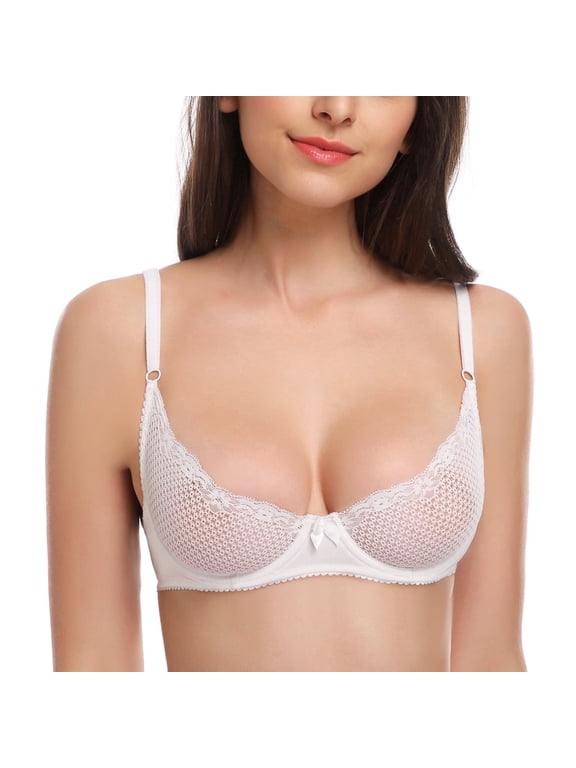 Women's Sexy 1/2 Cup Lace Bra Balconette Mesh Underwired Demi Shelf Bra Unlined See Through Bralette,White 40C