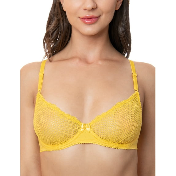 Wingslove Women's Sexy 1/2 Cup Lace Bra Balconette Mesh Underwired Demi Shelf Bra Unlined See Through Bralette,Yellow 32DD