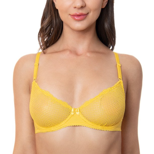 Wingslove Women's Sexy 1/2 Cup Lace Bra Balconette Mesh Underwired Demi  Shelf Bra Unlined See Through Bralette,Yellow 34A