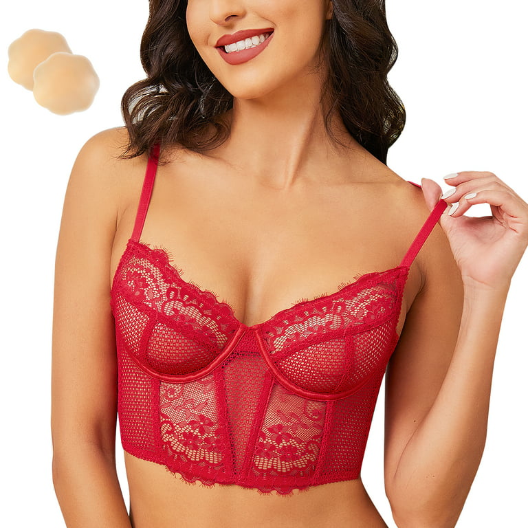Wingslove Women's Sexy Lace Balconette Bra Longline See Through Unlined  Underwire Multiway Bralette with Silicone Nipple, Lava Red 34B