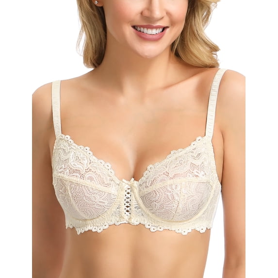 Wingslove Women’s Sexy Lace Bra Underwire Non Padded Full Coverage Unlined Plus Size Bralette,Beige 38B