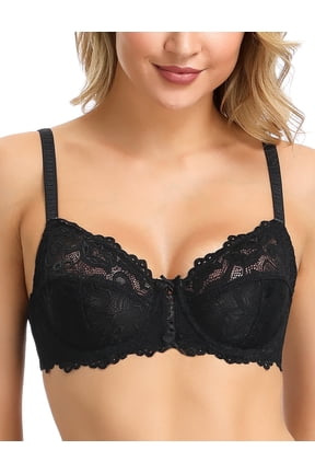 Women’s Sexy Lace Bra Underwire Non Padded Full Coverage Unlined Plus Size Bralette,Black 32B