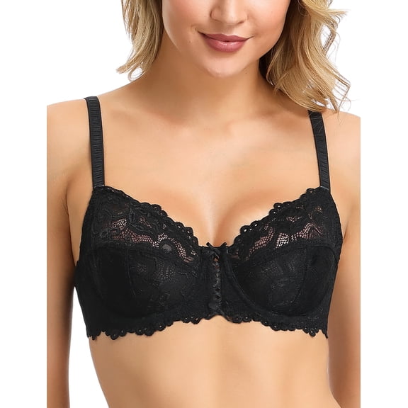 Wingslove Women’s Sexy Lace Bra Underwire Non Padded Full Coverage Unlined Plus Size Bralette,Black 36D