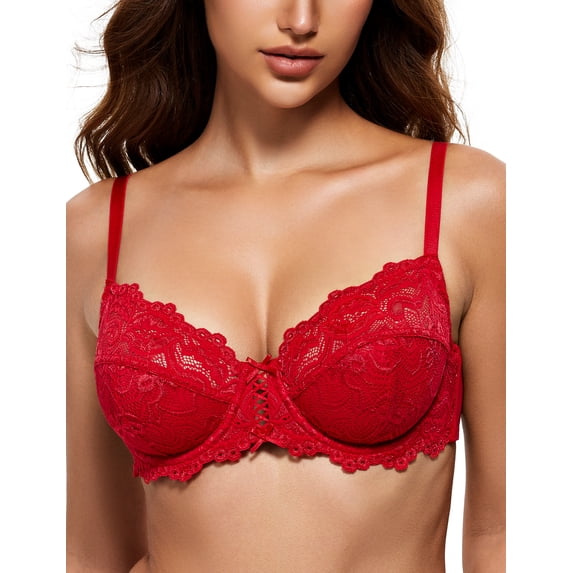 Wingslove Women’s Sexy Lace Bra Underwire Non Padded Full Coverage Unlined Plus Size Bralette,Lava Red 40C