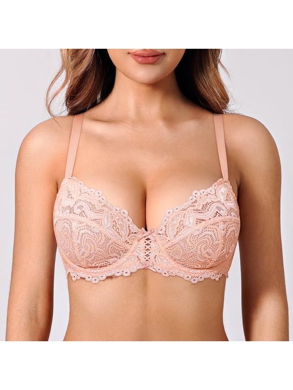 Women’s Sexy Lace Bra Underwire Non Padded Full Coverage Unlined Plus Size Bralette,Pink Nude 34C