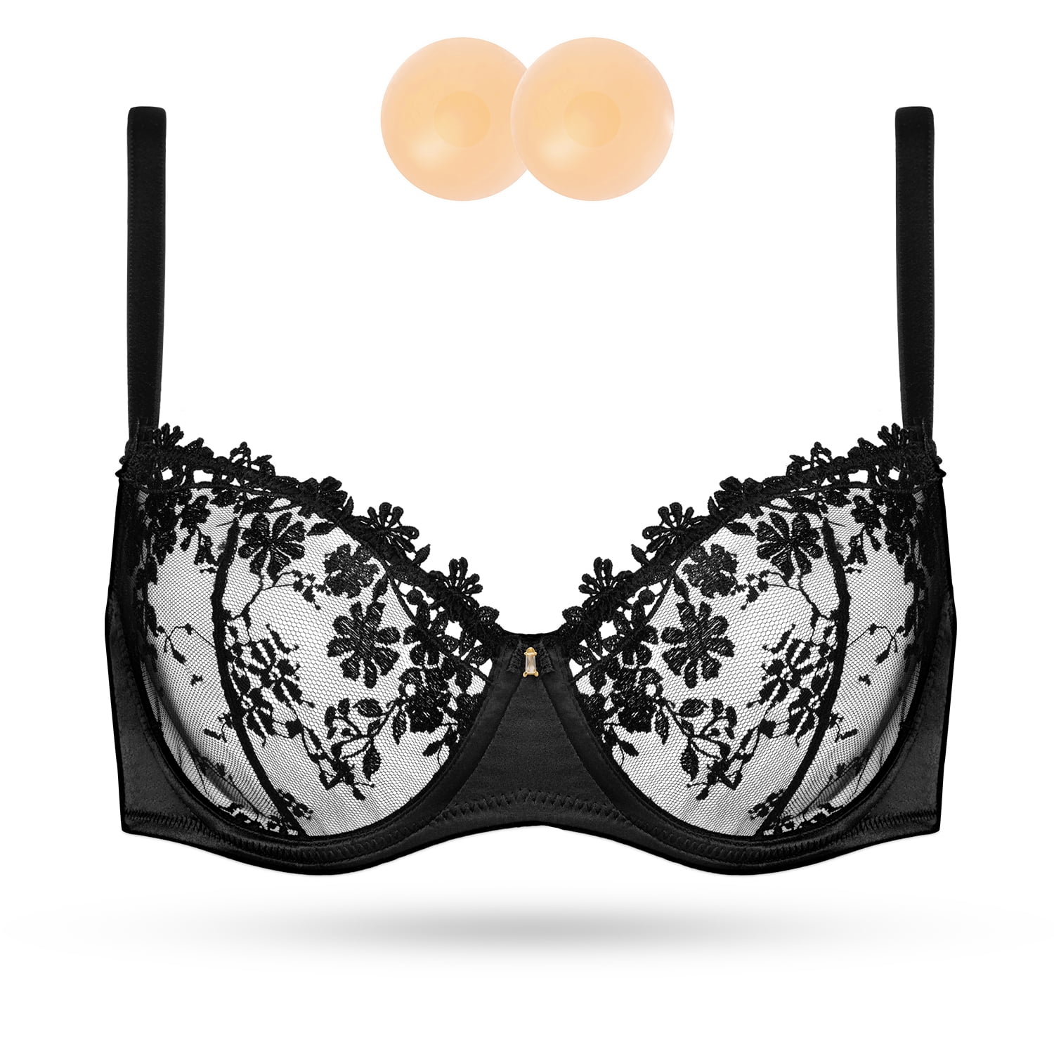 Wingslove Women's Sexy Lace Sheer Bra Demi Mesh Balconette See Through Unlined Underwire with Silicone Nipple,Black 34C