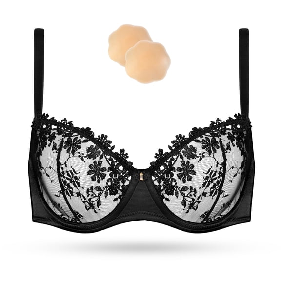 Wingslove Women's Sexy Lace Sheer Bra Demi Mesh Balconette See Through Unlined Underwire with Silicone Nipple,Black 34DD