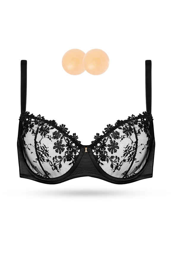 Women's Sexy Lace Sheer Bra Demi Mesh Balconette See Through Unlined Underwire with Silicone Nipple,Black 34DD