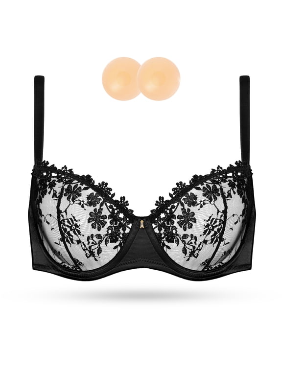 Women's Sexy Lace Sheer Bra Demi Mesh Balconette See Through Unlined Underwire with Silicone Nipple,Black 38B