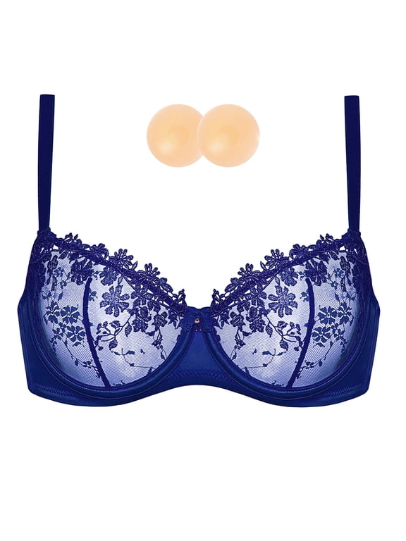 Women's Sexy Lace Sheer Bra Demi Mesh Balconette See Through Unlined Underwire with Silicone Nipple,Blue-purple,36DD