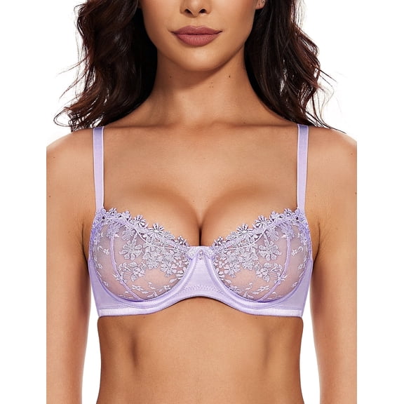 Wingslove Women's Sexy Lace Sheer Bra Demi Mesh Balconette See Through Unlined Underwire with Silicone Nipple, Light Purple 36C