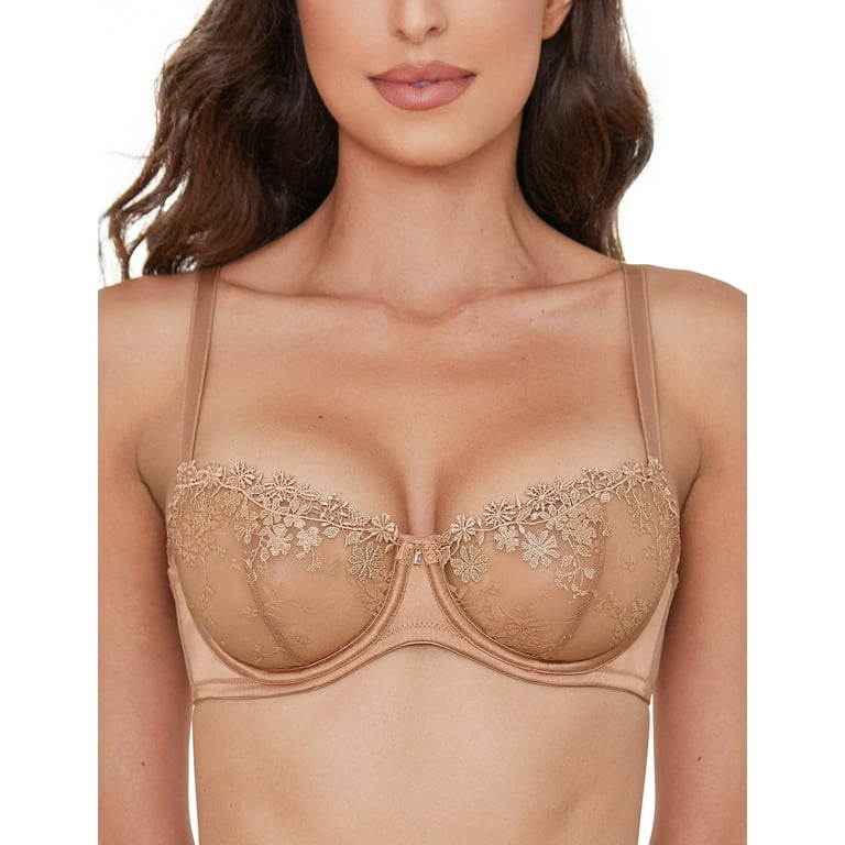 Wingslove Women's Sexy Lace Sheer Bra Demi Mesh Balconette See Through  Unlined Underwire with Silicone Nipple,Milk Coffee 34B