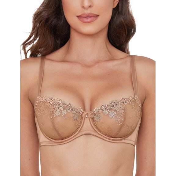 Wingslove Women's Sexy Lace Sheer Bra Demi Mesh Balconette See Through Unlined Underwire with Silicone Nipple,Milk Coffee 36C