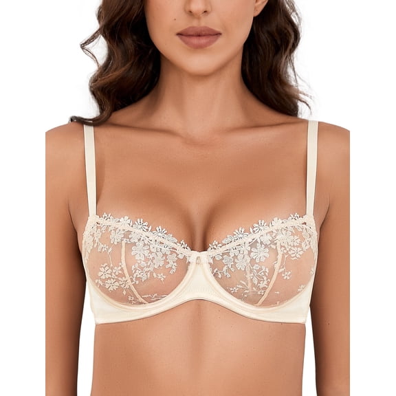 Wingslove Women's Sexy Lace Sheer Bra Demi Mesh Balconette See Through Unlined Underwire with Silicone Nipple, Nude 36C