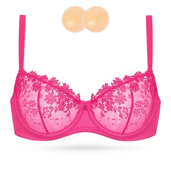 Wingslove Women's Sexy Lace Sheer Bra Demi Mesh Balconette See Through Unlined Underwire with Silicone Nipple,Rose Red 38DDD