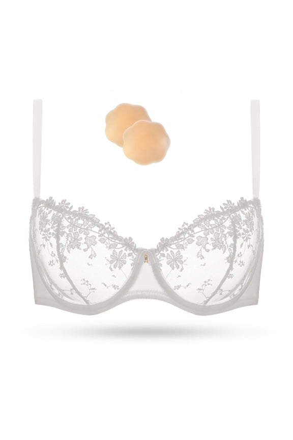 Women's Sexy Lace Sheer Bra Demi Mesh Balconette See Through Unlined Underwire with Silicone Nipple,White 36C