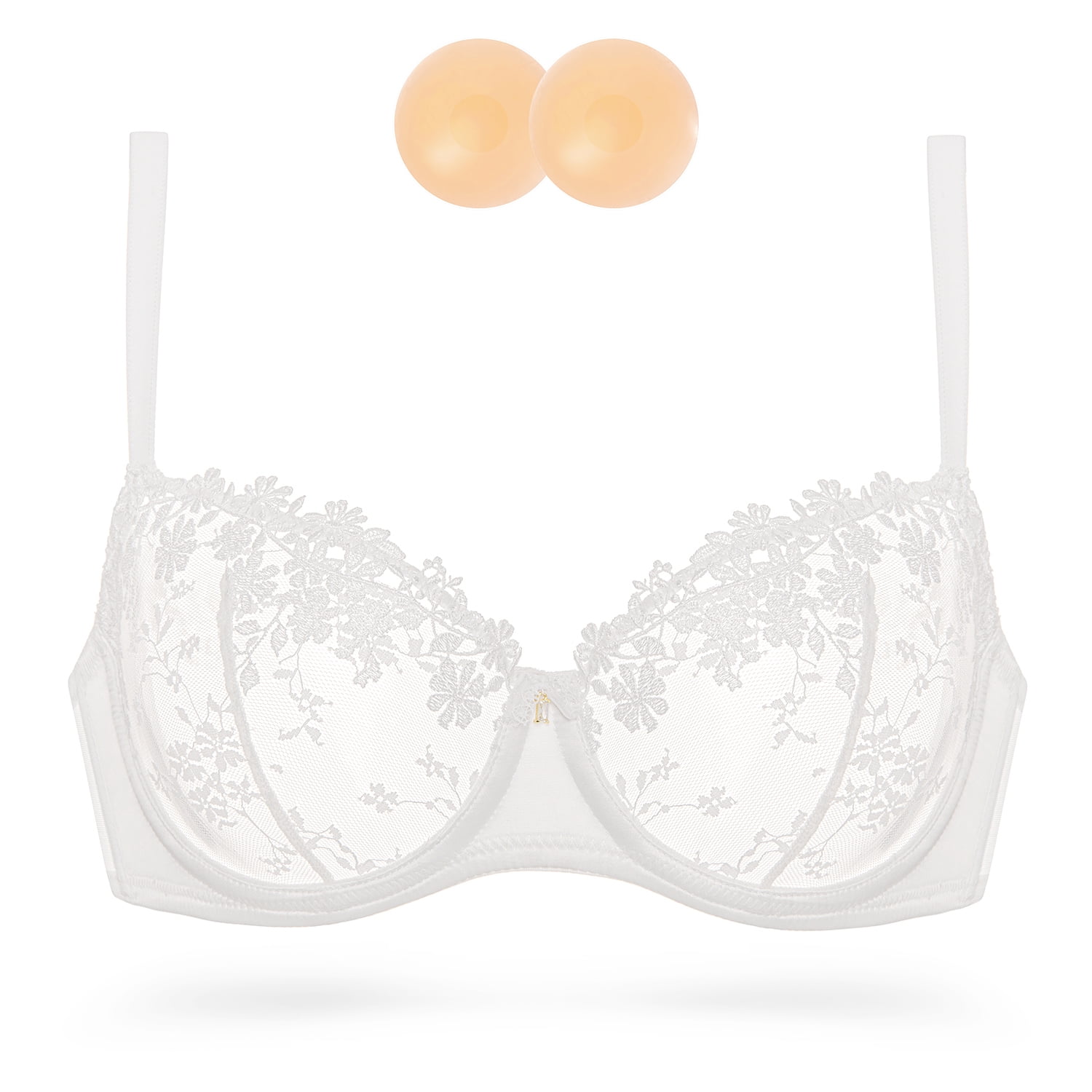 Wingslove Women's Sexy Lace Sheer Bra Demi Mesh Balconette See Through Unlined Underwire with Silicone Nipple,White 36C