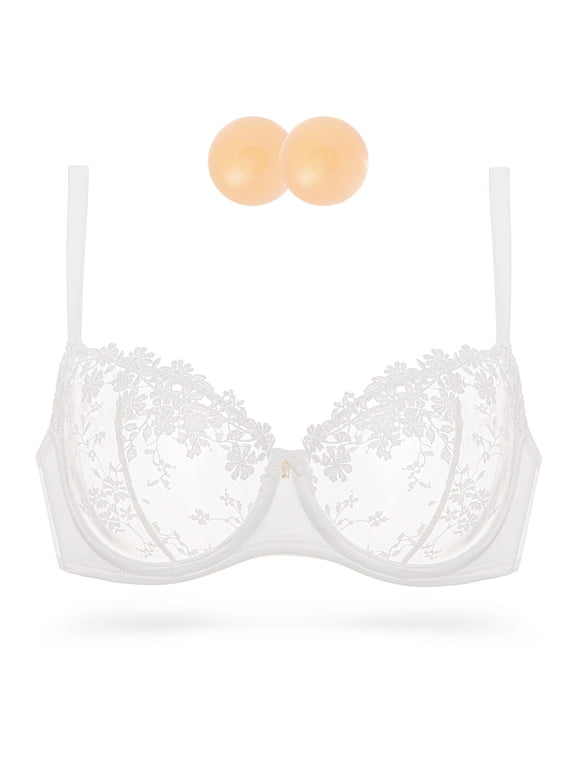 Women's Sexy Lace Sheer Bra Demi Mesh Balconette See Through Unlined Underwire with Silicone Nipple,White 36C
