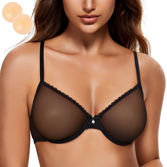 Wingslove Women's Sexy Sheer Bra Unlined Underwire Support See Through Everyday Bra with Silicone Nipple, Black 34C