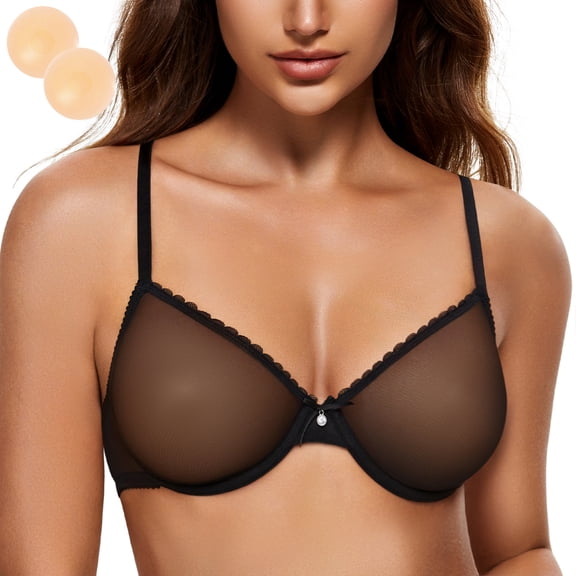 Wingslove Women's Sexy Sheer Bra Unlined Underwire Support See Through Everyday Bra with Silicone Nipple, Black 38C