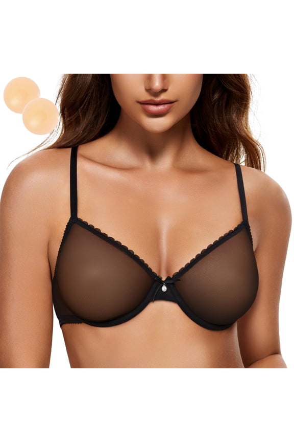 Women's Sexy Sheer Bra Unlined Underwire Support See Through Everyday Bra with Silicone Nipple, Black 38C