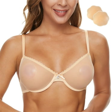 Wingslove Women's Sexy Sheer Bra Unlined Underwire Support See Through Everyday Bra with Silicone Nipple, Nude 32D