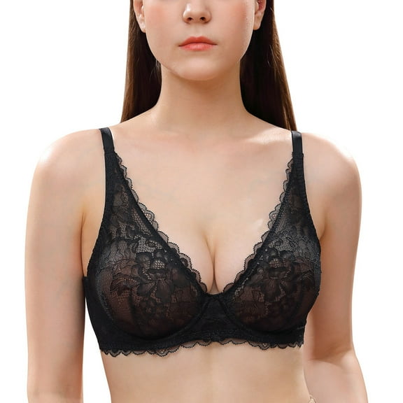 Wingslove Women's Sexy Sheer Lace Bra Underwire Unlined Plunge See Through Push Up Full Coverage Bra,Black 32D